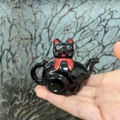 骨董　瀬戸　輸出用　希少　黒猫　招き猫　象コラボ　ティーポット　オブジェ　縁起物 骨董 瀬戸 輸出用 希少 黒猫 招き猫 象コラボ ティーポット