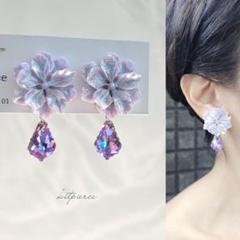 No.480 パープルフラワー×キラキラパープルドロップストーンチャームピアス