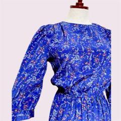 vintageヴィンテージワンピースプリーツ切替花柄青系ゴムレトロUSA海外古着
