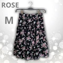 ROSE　レース　フレアスカート　ブラック　Ｍ　透かし編み　花柄　バラ　ひざ丈