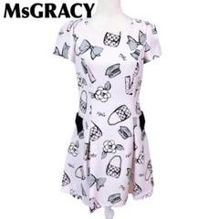 【美品】MsGRACY 半袖ワンピース 40 リボン 花柄 薄ピンク　Aライン