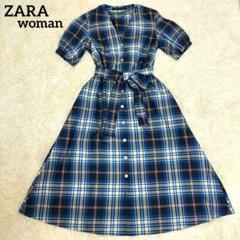 ZARA チェック柄 ロングワンピース　タフタ素材　パフスリーブ　Aライン