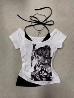 Y2Kアニメストリート系トップス｜90s原宿ヴィンテージ風プリントクロップTシャ