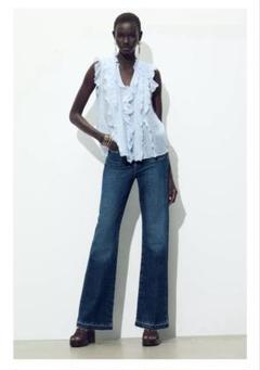 正規品⭐︎ZARA フリル付きフルイドトップス S パステルブルー 完売品