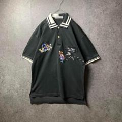 vintage 半袖ポロシャツ　黒　刺繍　アニマルキャラ　襟　切り替え　レトロ