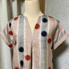 《銘仙》ダブル袖 キーネックブラウス 着物リメイク