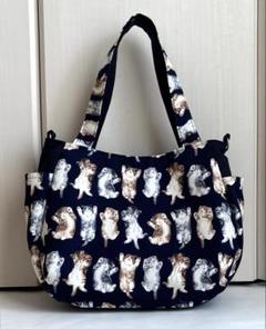 チューリップトートバッグ　ネイビー　あおむけニャンコ柄　ハンドメイド