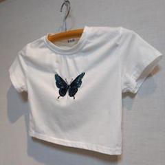蝶刺繍 ホワイト クロップドTシャツ