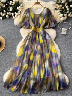 春夏コーデ❤️ロング丈ワンピース　レディース　半袖　ラウンドネック　ドレス