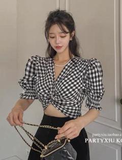 韓国チェック柄フロントツイストシャツ