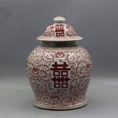 中国美術 四喜紅将軍缶 景徳鎮 陶磁器 装飾品 現代工芸品 美術品