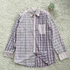 【ユニクロ】オーバーチェック柄シャツ アシンメトリー色 胸ポケット L ピンク