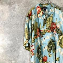 90s LANDS' END　アロハシャツ 総柄 　ブルー　南国　レーヨン XL