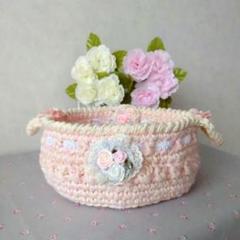 ♪手編みカゴ 小物入れ ピンク バラ レース リボン パール☆ハンドメイド