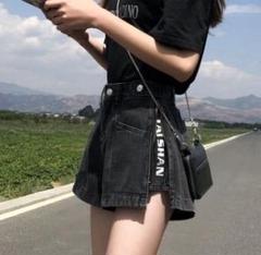 【残り僅か】ハイウエスト　ショートパンツ　デニム　英文字　Ｌ