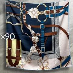 ×90 シルク スカーフ ストール フラワープリント ネイビー紺 花柄 ベルト