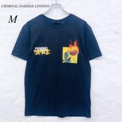 e4398 【クリミナルダメージロンドン】炎のバラプリントが映える黒Tシャツ M