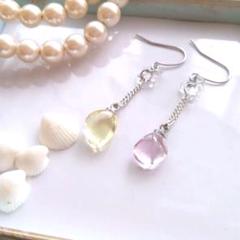 ハンドメイドピアス　シーグラスピアス　海からの贈り物ピアス　ピンク＆イエロー