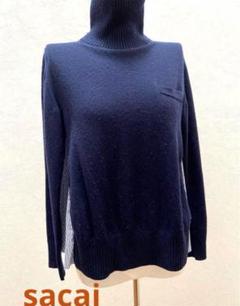 【美品】sacai ハイネックジップニット ジッパー タートルネック ブルー 美品】sacai ハイネックジップニット ジッパー タートルネック