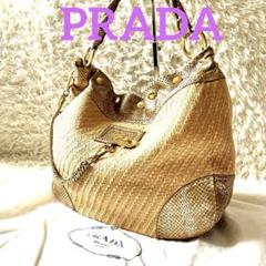 【美品】PRADA カゴバッグ ゴールド金具 夏バッグ 　かご×レザー 高級感 美品】PRADA カゴバッグ ゴールド金具 夏バッグ かご×レザー