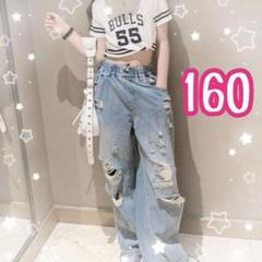 160 キッズ デニムパンツ 夏 ダメージパンツ ストリート おしゃれ 女の子
