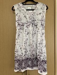 新品 チュニック ノースリーブ 花柄 パープル 綿100％ リボン M～L