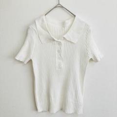 【美品】ホワイト リブ編み ポロシャツ 半袖 レディース フリーサイズ