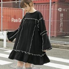 【forksy.】フレアスリーブフリルメローオーバーサイズロングTシャツ F