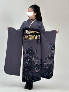 振袖フルセット　バラ　チャコールグレー