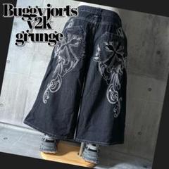 y2k super buggy black denim jorts cross