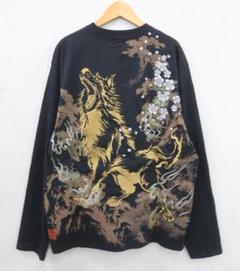 絡繰魂 カラクリタマシイ 214046 影狼 刺繍 長袖Ｔシャツ