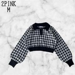 [古着] 2PINK チェック柄 クロップド ニット ポロシャツ カットソー