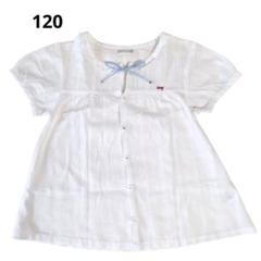 美品♡120 半袖ブラウス　白　シャツ　女の子　ストライプリボン　ボタン　前開き