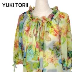 YUKI TORII ブラウス チュニック 花柄 リボン フリル 華やか 七分袖 美品✨YUKI TORII ブラウス チュニック 花柄 リボン フリル 七分