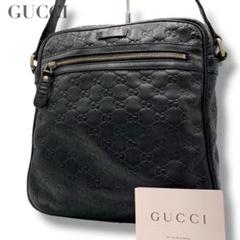 美品✨グッチ ショルダーバッグ サコッシュ GG シマ ロゴ レザー ブラック