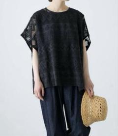 かぐれ　コットンラッセルレースポンチョ　黒　美品 セール】コットンラッセルレースポンチョ（その他トップス）｜か
