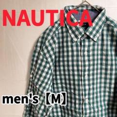 Y493【NAUTICA】長袖コットンチェック柄シャツ【M】グリーン