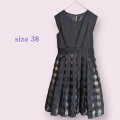 【パーティードレス】ブラック　フレア　チェック　レース　パニエ　編み上げ　可愛い