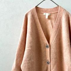 H&M カーディガン リブニット Ｖネック ショート丈 ボリューム袖 花ボタン