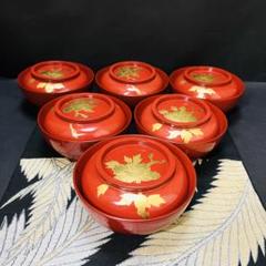 漆器　輪島塗　金蒔絵　鳥花絵　木製　朱　蓋付椀　お煮物椀　吸物椀　10客　骨董品 天然木製漆塗 朱塗り 図変わり花鳥金蒔絵 煮物椀 5客セット