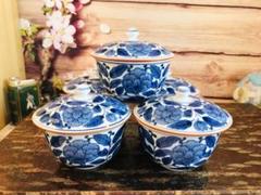 橘吉 青花 牡丹　茶碗　蓋付け　新品