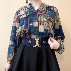 アソート柄 総柄 ロングシャツ ブラウス 昭和レトロ ヴィンテージ 茶 色白 アソート柄 総柄 ロングシャツ ブラウス 昭和レトロ