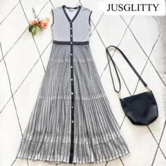 【美品】ジャスグリッティー 配色プリーツニットワンピース ストライプ