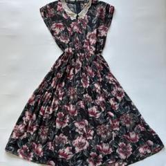 レトロ　レース襟　フレアロングワンピース　花柄　ギャザー　Aライン