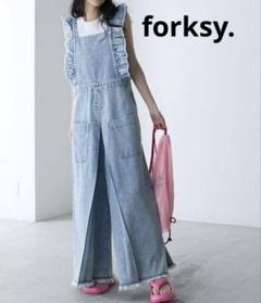 ✨美品❤️✨forksy. デニムフリルワイドサロペット　つなぎ　ワイドパンツ