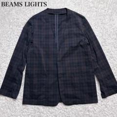 美品 ビームスライツ ノーカラージャケット シアサッカー素材 XL チェック柄