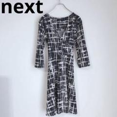 ネクスト　長袖ワンピース　ひざ丈ワンピース　総柄　細見え　ブラック　XL
