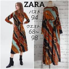 ZARA ザラ 総プリーツ スカーフ柄 長袖ロングワンピース 海外S