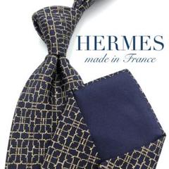 【極美品】HERMES ネクタイ 幾何学模様柄 金具柄 パターン柄 ネイビー