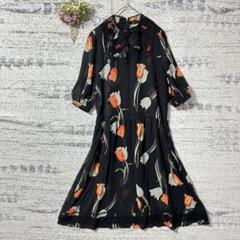 花柄シアーロングワンピース　ブラック　刺繍　チューリップ　マキシ丈　透け感